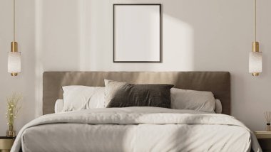 boş çerçeve yatağın üstünde modern yatak odası içinde, ön manzara, 3D görüntüleme