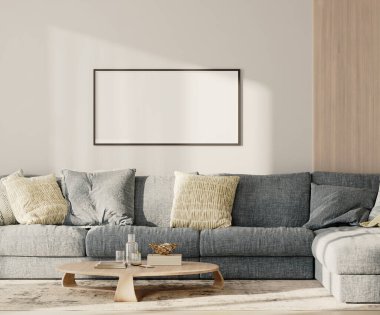 Kanepenin üstünde yatay çerçeve modeli, modern oturma odasının oturma odasında yastıklar, 3D görüntüleme.