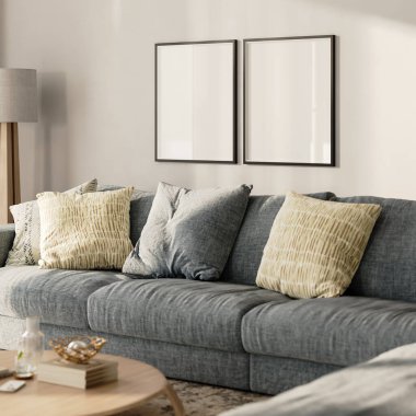 Modern oturma odasının iç kısmında iki boş çerçeve, üç boyutlu