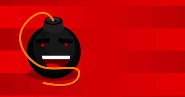Cartoon Zwarte Bommen Met Glimlachend Gezicht Gele Spraakbel Rode Achtergrond — Stockvideo