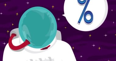Astronot uzayda konuşma baloncuğu ile yüzde işareti diyor. Soyut çizgi film animasyonu. 4k HD Biçimli Çözünürlük videosu.