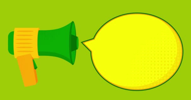 带有黄色语音泡泡的绿色扩音器 具有有趣元素的4K分辨率动画 — 图库视频影像