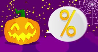 Animasyon Jack O 'Lantern, üzerinde yüzde işareti olan mor gece arkaplanında örümcek ağıyla konuşma balonu. Cadılar Bayramı, Tatil çizgi filmi.