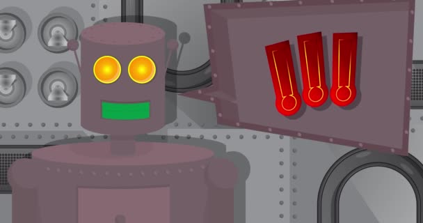 ロボットは感嘆符 音声バブルとソーシャルメディアの通知記号を言う 漫画アニメビデオ 未来ロボットアニメーション — ストック動画