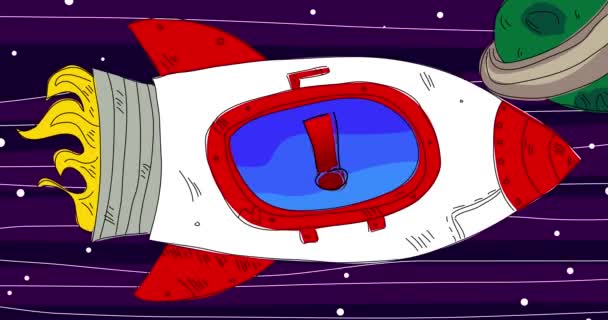 Rakete Weltraum Mit Ausrufezeichen Social Media Benachrichtigungsschild Fenster Zeichentrickfilm Line — Stockvideo