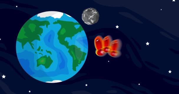 ソーシャルメディアの通知記号である感嘆符で惑星地球と月を移動する 漫画のアニメーションスペース 背景のコスモス — ストック動画
