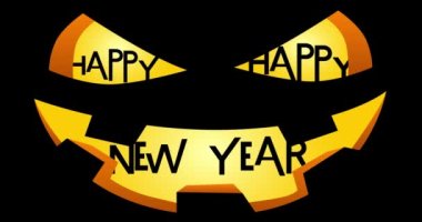 Animasyon Sarı Jack O 'Lantern' ın oyulmuş yüzü ve ağzında Mutlu Yıllar metni. Cadılar Bayramı, Tatil çizgi film geçmişi.
