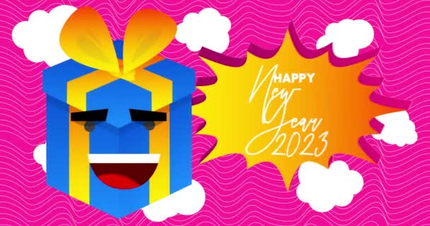Glimlachende Geschenk Box Stripfiguur Met Gelukkig Nieuwjaar 2023 Tekst Spraakzeepbel — Stockvideo