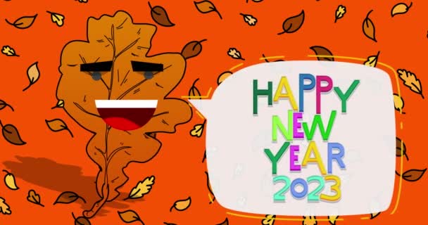 秋の葉とともに幸せな新年2023スピーチバブルのテキスト — ストック動画