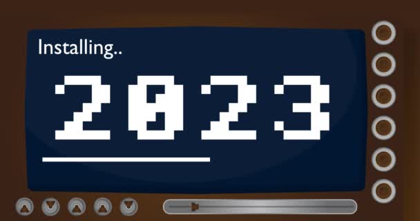 2023という言葉で漫画コンピュータ インストールウィンドウを表示する画面のビデオメッセージ — ストック動画