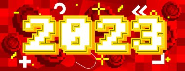 2023. Geometrik grafik arkaplanlı pikselli sayı. Vektör çizgi film illüstrasyonu.