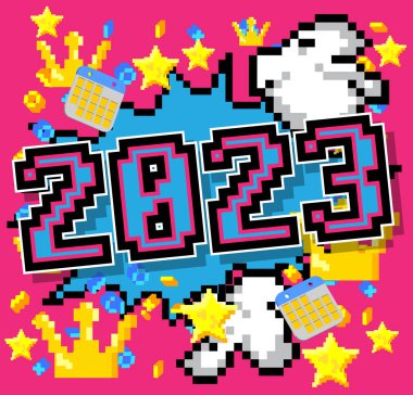 2023. Geometrik grafik arkaplanlı pikselli sayı. Vektör çizgi film illüstrasyonu.