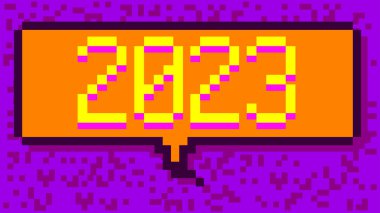 2023. Geometrik grafik arkaplanlı pikselli sayı. Vektör çizgi film illüstrasyonu.