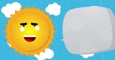 Yaz güneşi mavi gökyüzünde 2023 numaralı konuşma baloncuğunu söylüyor. Parlak turuncu güneş ışığının basit bir animasyonu.