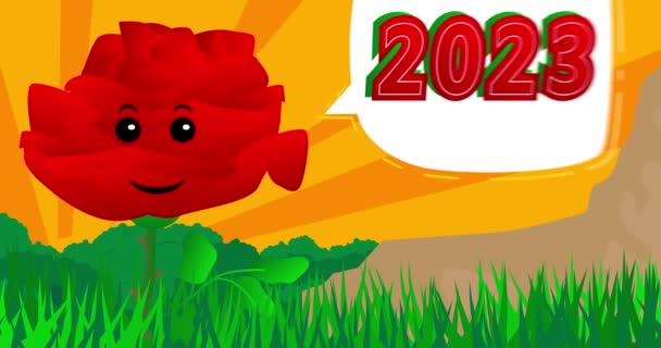Rode Bloem Zegt 2023 Met Spraakzeepbel Wildflower Tekenfilm Animatie — Stockvideo