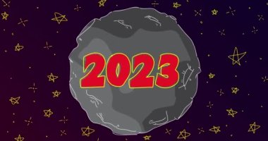 Çizgi Sanat çizgi filmindeki ay, 2023 rakamıyla. Gri Gezegen ve yıldızlı soyut gece gökyüzü. Çizgi film animasyon videosu.