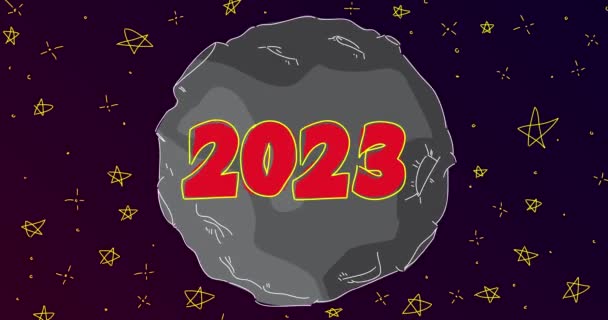 Çizgi Sanat Çizgi Filmindeki 2023 Rakamıyla Gri Gezegen Yıldızlı Soyut — Stok video