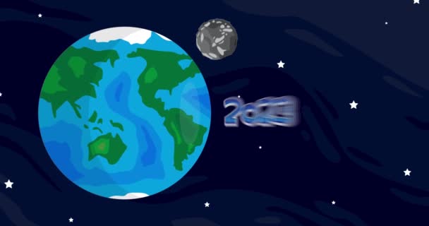 Movendo Planeta Terra Lua Com Número 2023 Desenhos Animados Espaço — Vídeo de Stock