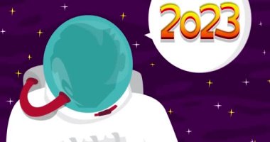 Astronot, 2023 'ün uzayda konuşma baloncuğuyla olduğunu söylüyor. Soyut çizgi film animasyonu. 4k HD Biçimli Çözünürlük videosu.