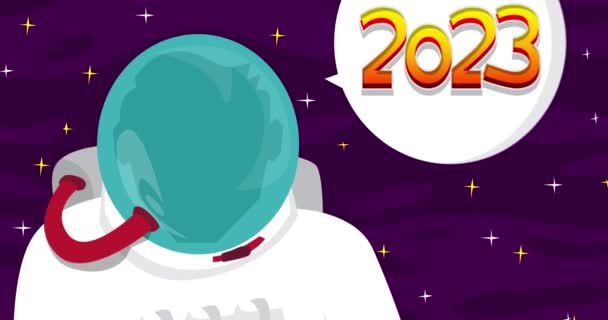 Астронавт Говорит 2023 Год Космосе Речевым Пузырем Абстрактная Мультипликация Формат — стоковое видео
