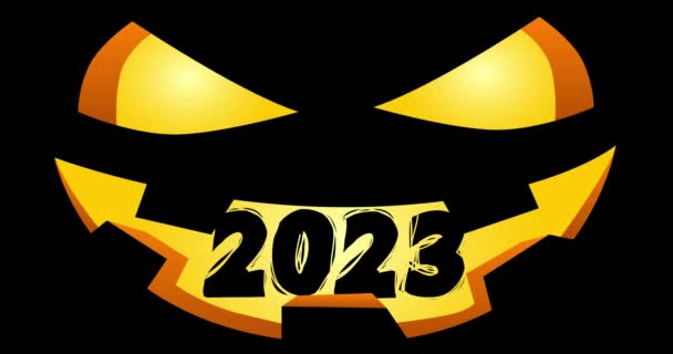 动画黄色杰克O Lantern雕刻的脸与编号2023在它的嘴 万圣节 假日卡通片背景 — 图库视频影像