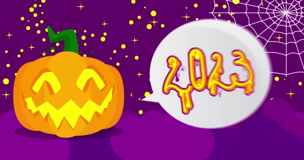 クモの巣で紫色の夜の背景に音声バブルで番号2023とアニメーションジャック オランタン ハロウィーン ホリデー漫画 — ストック動画