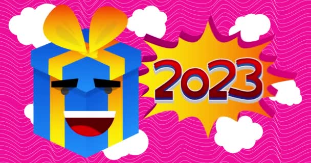 Personaje Dibujos Animados Caja Regalo Sonriente Con Número 2023 Burbuja — Vídeo de stock