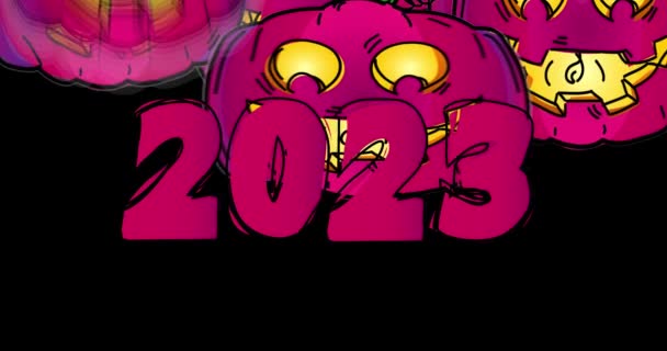 Анимированный Фиолетовый Джек Фонари Падающие Сверху Цифрой 2023 Хэллоуин Праздничный — стоковое видео