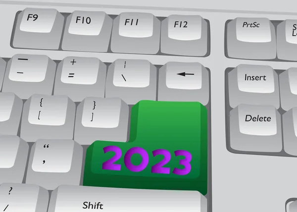Datortangentbord Med Nummer 2023 Närbild Elektronisk Datorenhetsdel Knappsats — Stock vektor