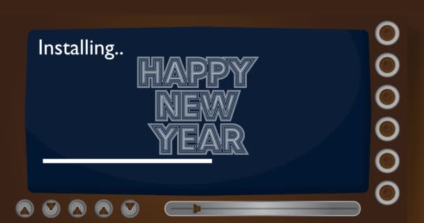 Computador Dos Desenhos Animados Com Palavra Feliz Ano Novo Mensagem — Vídeo de Stock