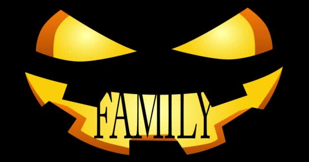 アニメ化されたイエロージャック ランタンは 口の中に家族のテキストで顔を彫った ハロウィーン 休日の漫画の背景 — ストック動画