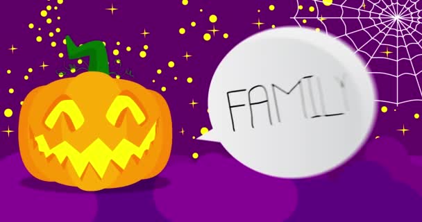 Animated Jack Lantern Family Text Speech Bubble Purple Night Background — Stock Video