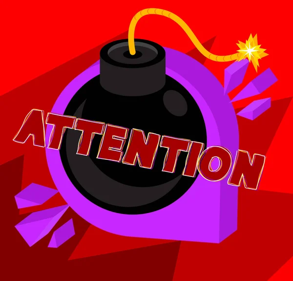 Texto Atención Con Bomba Negra Ilutración Vectores Dibujos Animados — Vector de stock