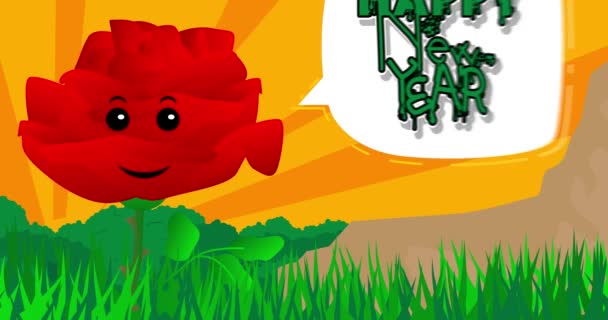 Kızıl Çiçek Konuşma Baloncuğuyla Mutlu Yıllar Diliyor Yaban Çiçeği Çizgi — Stok video