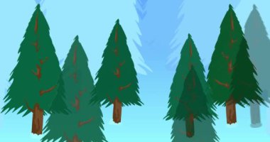 Kışın Çam Ağacı Ormanı, hareketli ağaçlarla dolu karikatür tatil ormanı manzarası..