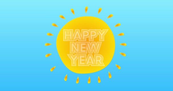 青空に黄色の暑い夏の太陽の中心に幸せな新年のテキスト 明るいオレンジ色の太陽の光のシンプルなアニメーション — ストック動画