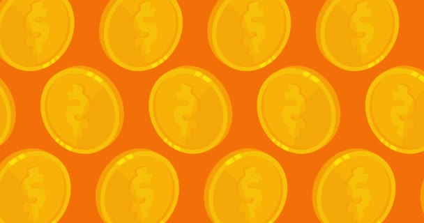 Monedas Oro Bailando Sobre Fondo Naranja Moneda Metal Dorado Efectivo — Vídeos de Stock