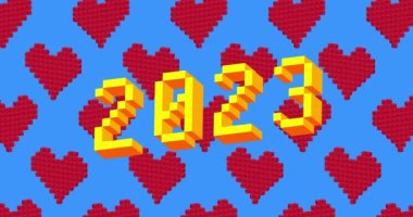 2023 Numara ile Piksel Dans Eden Kırmızı Kalp Şablonu. Mavi arkaplanda çizgi film animasyonu.