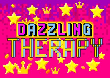 Göz kamaştırıcı terapi. Geometrik arkaplanlı pikselli kelime. Vektör çizgi film illüstrasyonu.