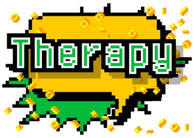 Terapi. Geometrik arkaplanlı pikselli kelime. Vektör çizgi film illüstrasyonu.