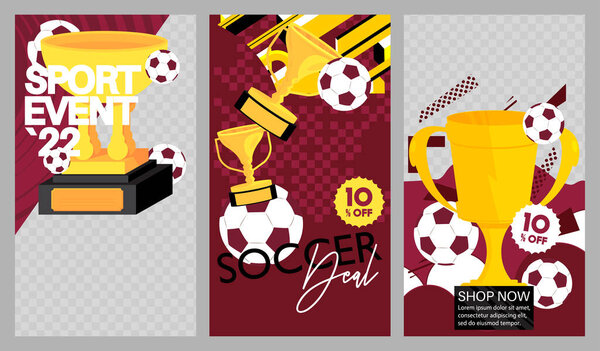 Colorful Football sport banner template design. Special event, sports Poster with balls and award cups. Vector illustration.
