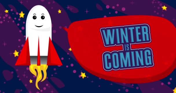 Rakieta Kosmosie Winter Nadchodzi Tekst Czerwonej Bańce Mowy Animacja Kreskówek — Wideo stockowe