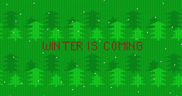 雪と冬の緑の森テキスト 醜いセーターが来ている クリスマスと年末年始のアニメーションビデオ 冬のニットセーターパターンのアニメーション — ストック動画