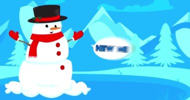 Şapkalı ve eşarplı bir kardan adam Yeni Ben ile buzda kayıyor konuşma baloncuğuyla..