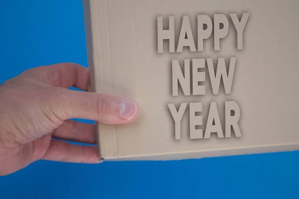 Happy New Year Word Cardboard Box Brown Folded Card Box — Stock Photo, Image