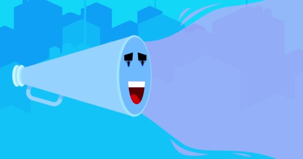 Glimlachende Blauwe Megafoon Met Veroudering Jeugdige Tekst Stad Resolutie Animatie — Stockvideo