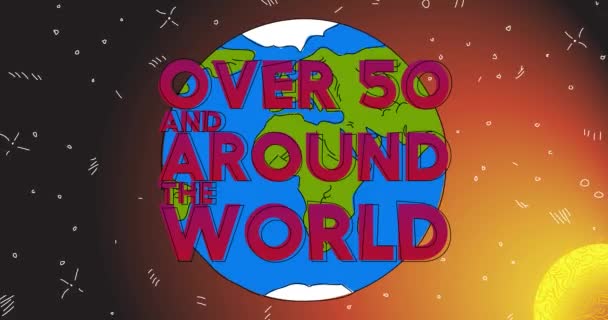 50以上の世界のテキストを持つ惑星地球 ラインアートアニメーション 漫画のアニメーションスペース 背景のコスモス — ストック動画