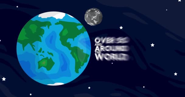 惑星地球と月を50以上と世界中で移動するテキスト 漫画のアニメーションスペース 背景のコスモス — ストック動画