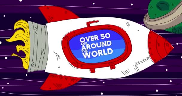 火箭在太空与超过50和世界各地的文字在窗口 线艺术卡通动画制作 — 图库视频影像