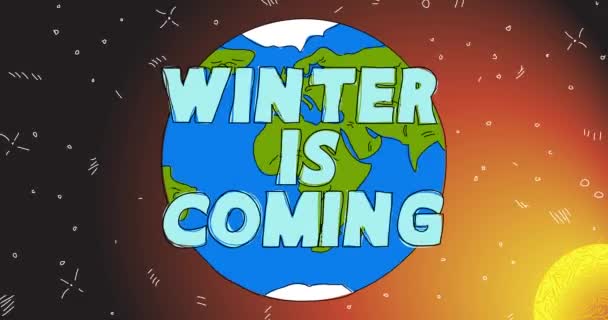 地球与冬天即将到来的文字 线艺术动画 卡通动画空间 背景中的宇宙 — 图库视频影像